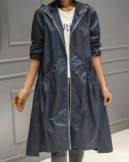Women's Long Waterproof Weatherproof Hooded Raincoat with Zip
