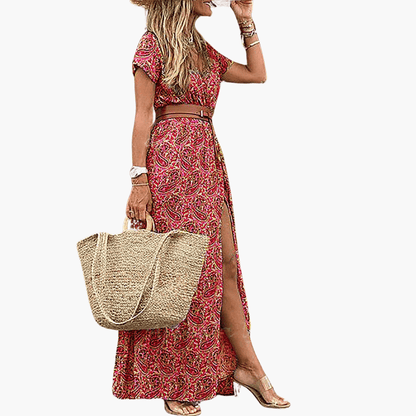 Bohemian Floral Long Dress for Ladies with Waist Belt