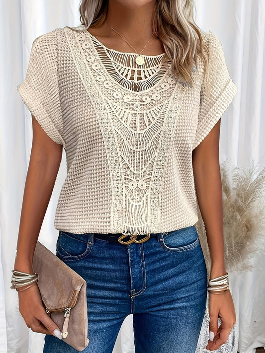 Women's Lace Trimmed Round Neck Top - Olytrend