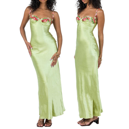 Women's Elegant Maxi Dress with Embroidery – Satin Slip Dress for Festive Occasions and Parties