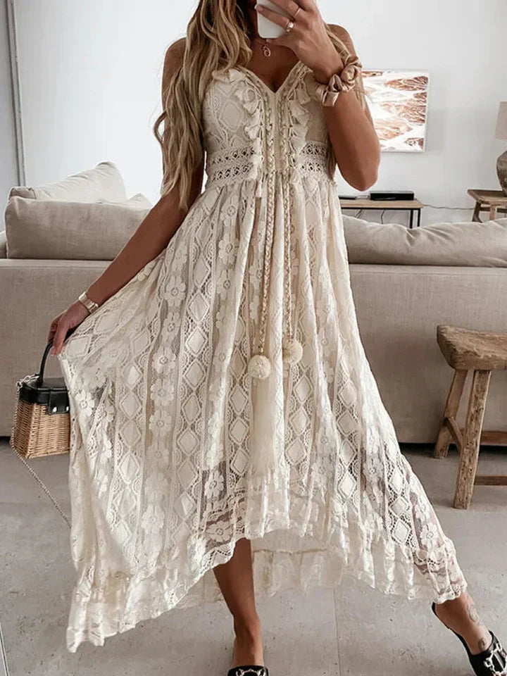 Chic Flowy Dress with Lace and Bell Sleeves