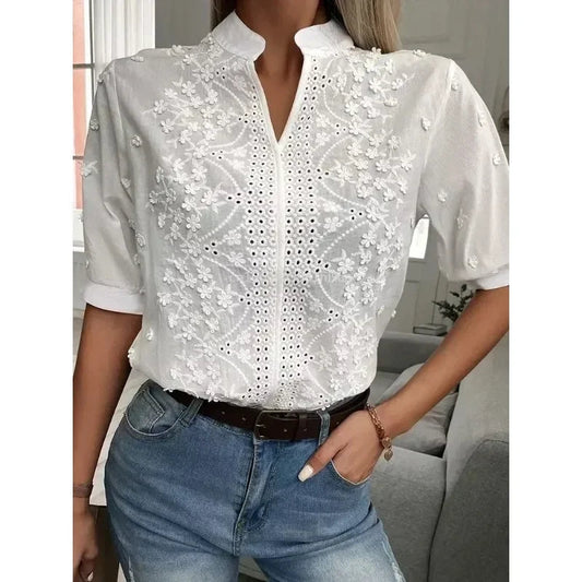 Casual V Neck Embroidered White Top - Olytrend