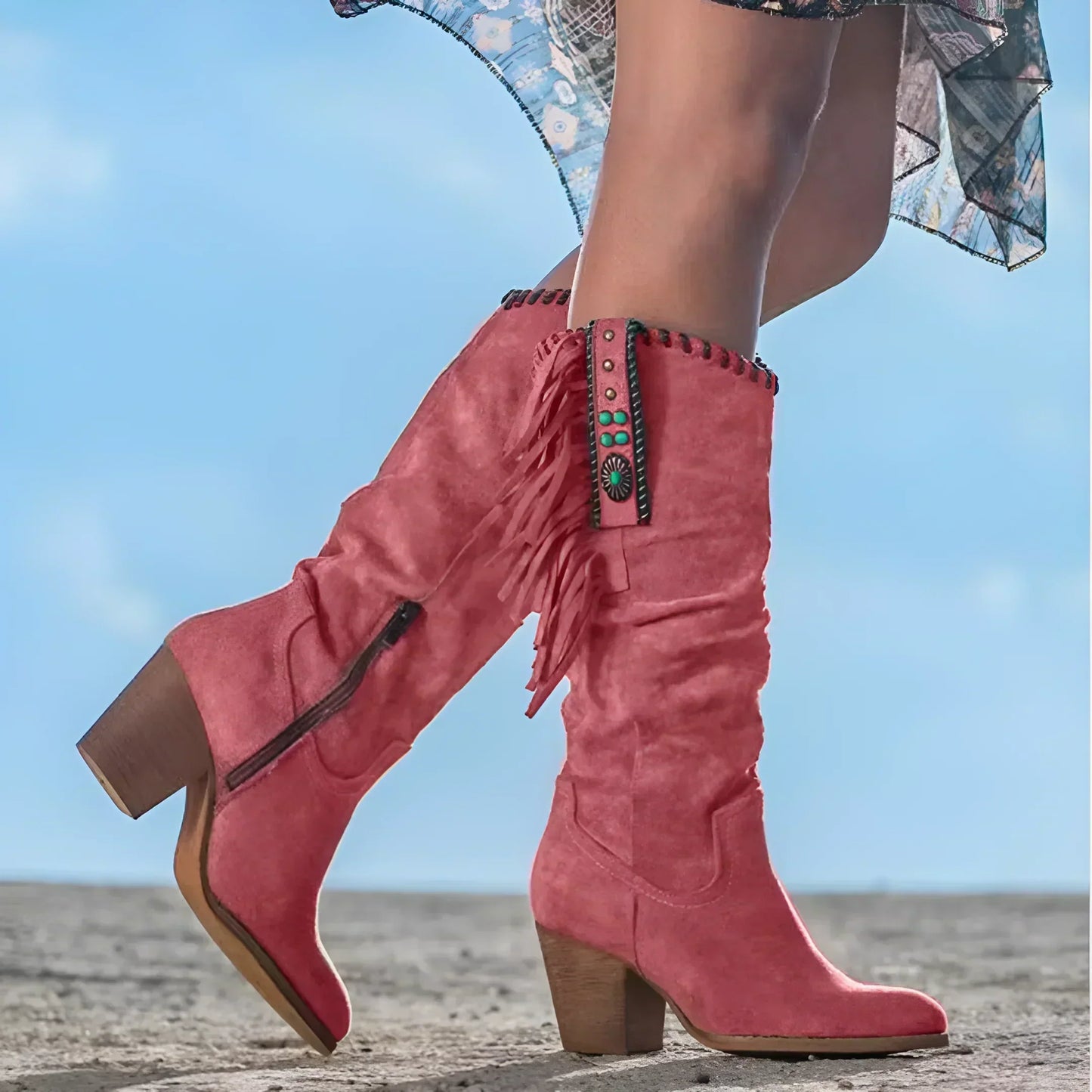 Arizona – Turquoise women's cowboy boots with fringes and ethnic decorations