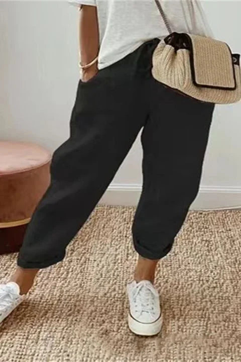 Yaron - Solid Pants with Slanted Pockets and Drawstring Waistband