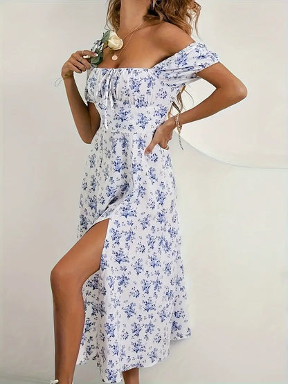 A-line floral dress with puff sleeves, perfect for spring and summer