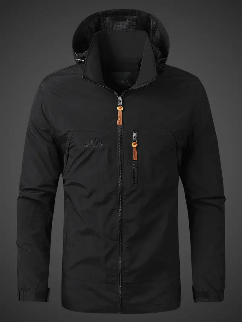 Waterproof rain jacket for men with hood and zippered pockets for outdoor use