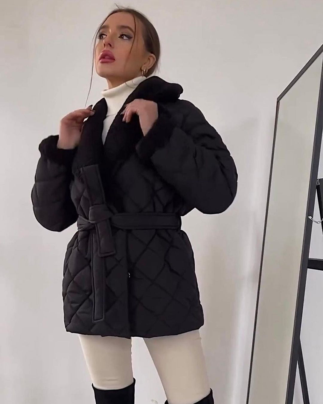 Women's down jacket with lapel collar and tie belt