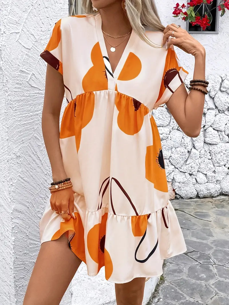 Casual V-neck ruffle dress, short sleeves – Scarlett
