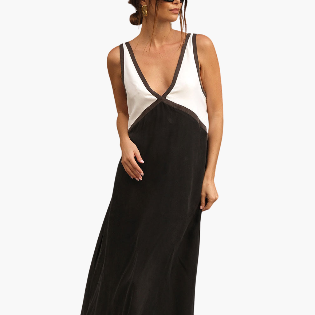 Casual V Neck Long Dress for Women Colorblock Style