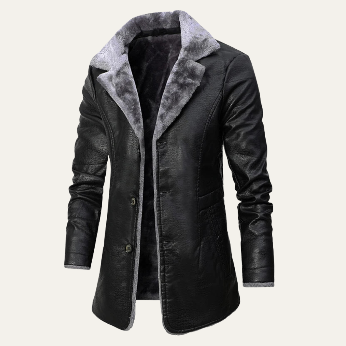 Warm Men's Leather Fur Lined Winter Coat