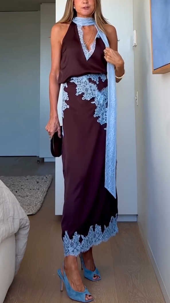 Beautiful Brown Blue Floral Lace Top Skirt Set - Olytrend