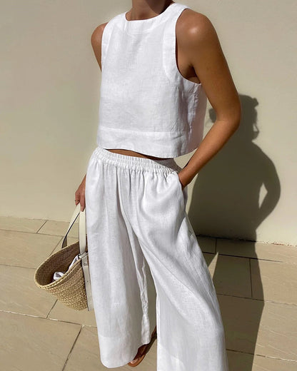 Ursella | Women's set of sleeveless crop top and wide linen pants
