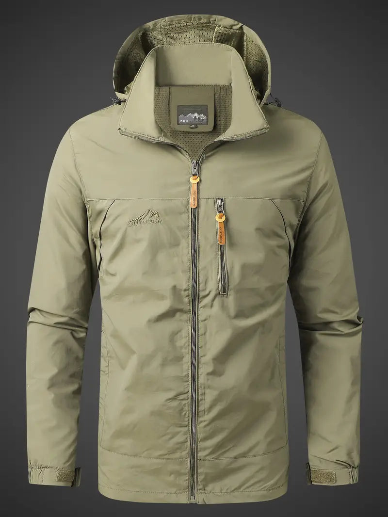 Waterproof rain jacket for men with hood and zippered pockets for outdoor use