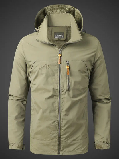 Waterproof rain jacket for men with hood and zippered pockets for outdoor use