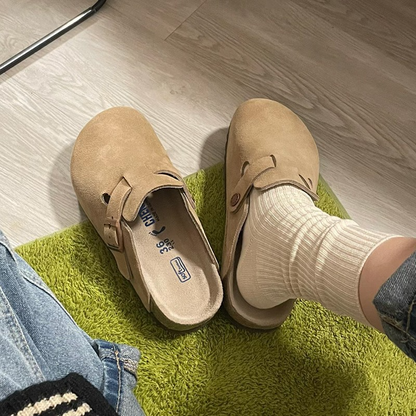 Women's Suede Slides with Closed Toe and Buckle