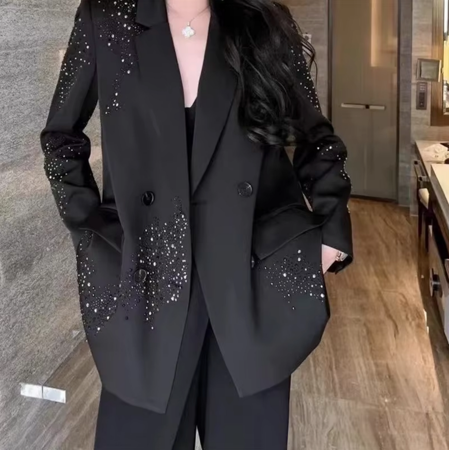 Catherine | Elegant Black Jacket — Subtle Shine & Refined Style