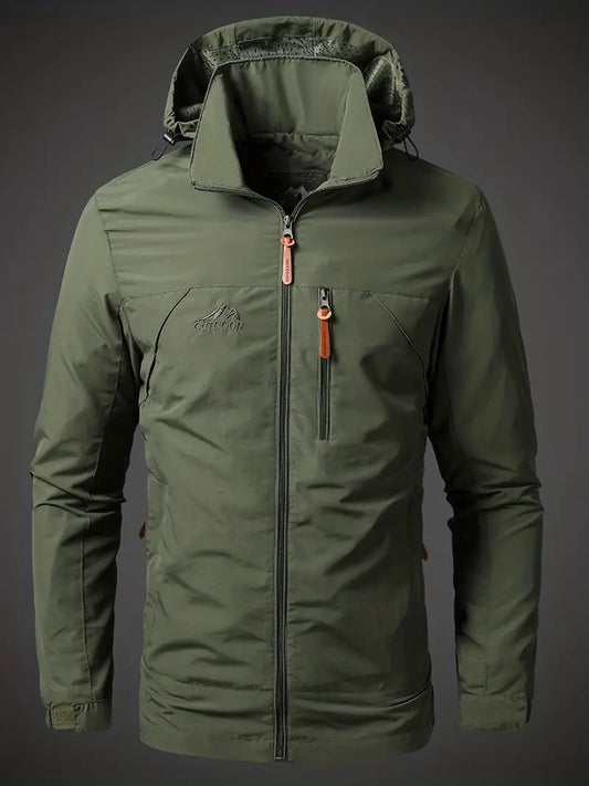 Waterproof rain jacket for men with hood and zippered pockets for outdoor use