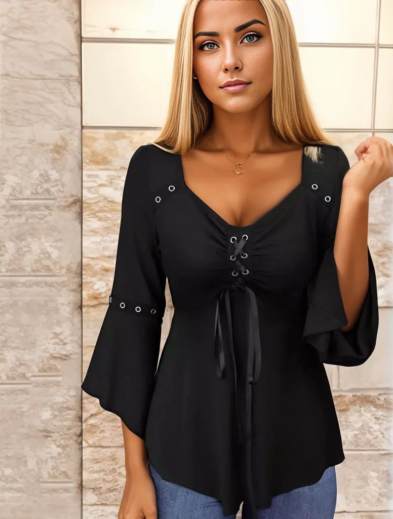 Black solid top with V-neck collar