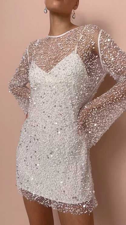 Amira | Evening Dress in Transparent Tulle Adorned with Pearls – Elegance and Refinement