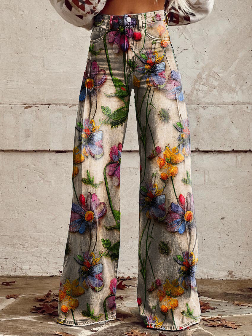 Women's wide-leg jeans | floral pattern, high waist