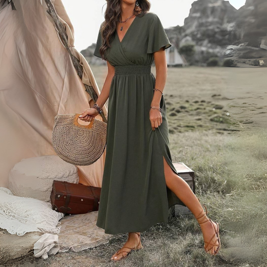 Breathable V-Neck Midi Dress for Women with Slit and Elastic Waist