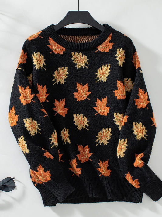 Warm women's sweater with leaf pattern