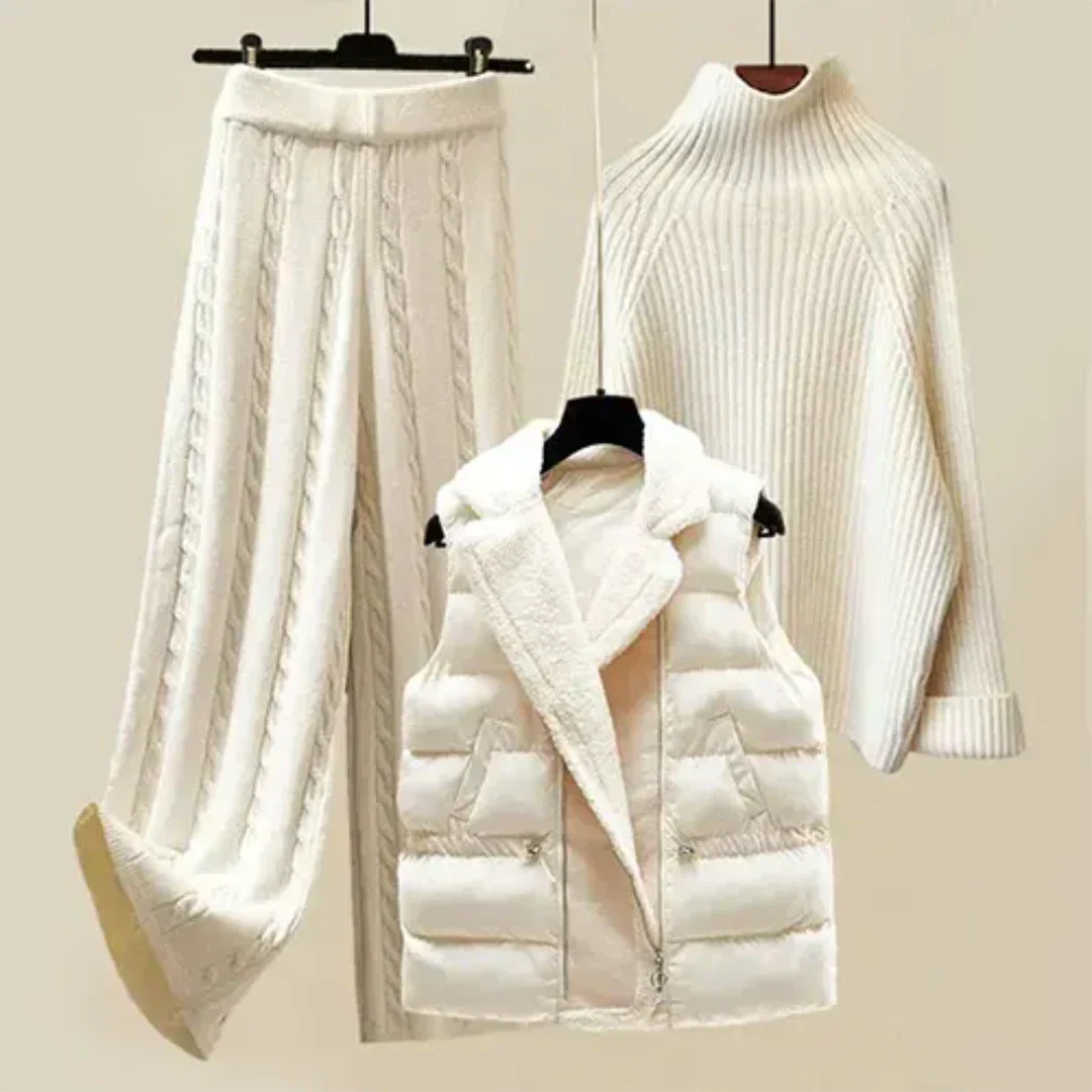 Women's 3-piece Winter Outfit Set – Knit Pants, Turtleneck Sweater & Vest – Elegant Casual Ensemble