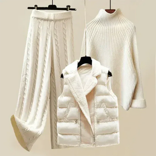 Women's 3-piece Winter Outfit Set – Knit Pants, Turtleneck Sweater & Vest – Elegant Casual Ensemble