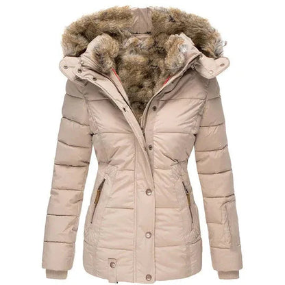 Winter women's coat with fur-trimmed hood, autumn/winter style