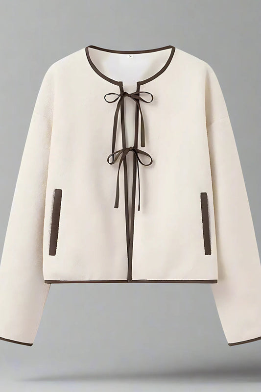Beige crew neck cardigan with snap button
