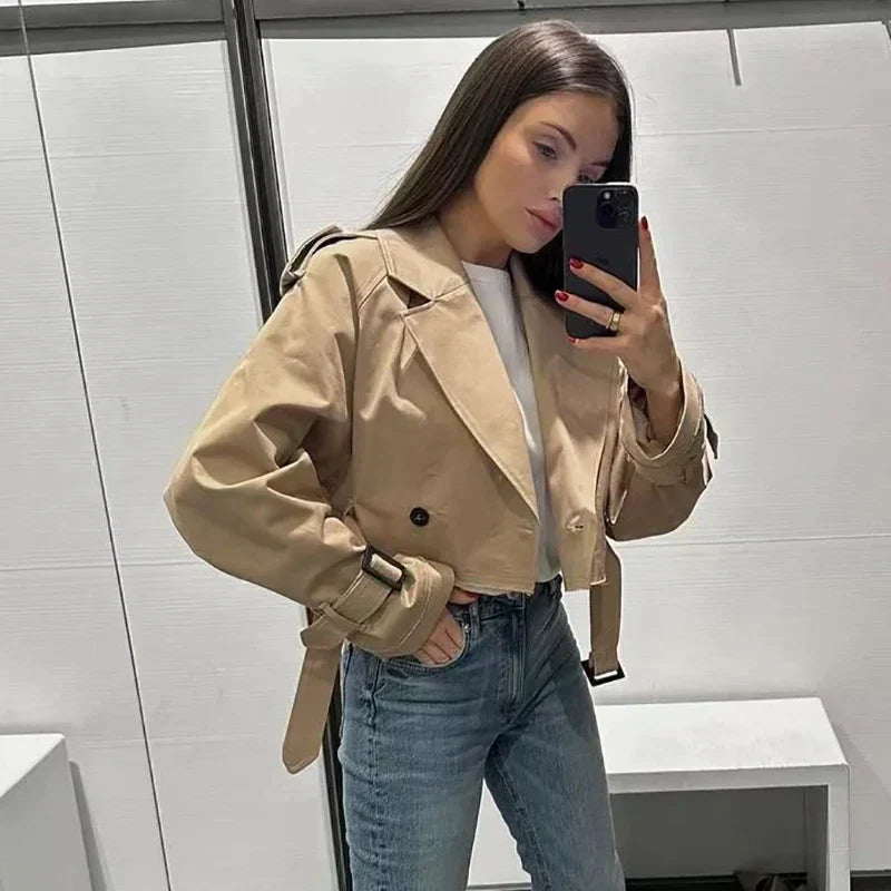 Women's Short Trench Coat | Double Button & Belt Cuffs