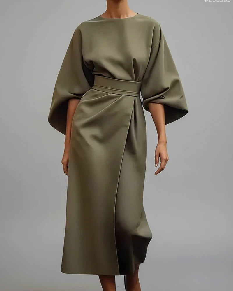 Waist Cinch Midi Dress for Ladies