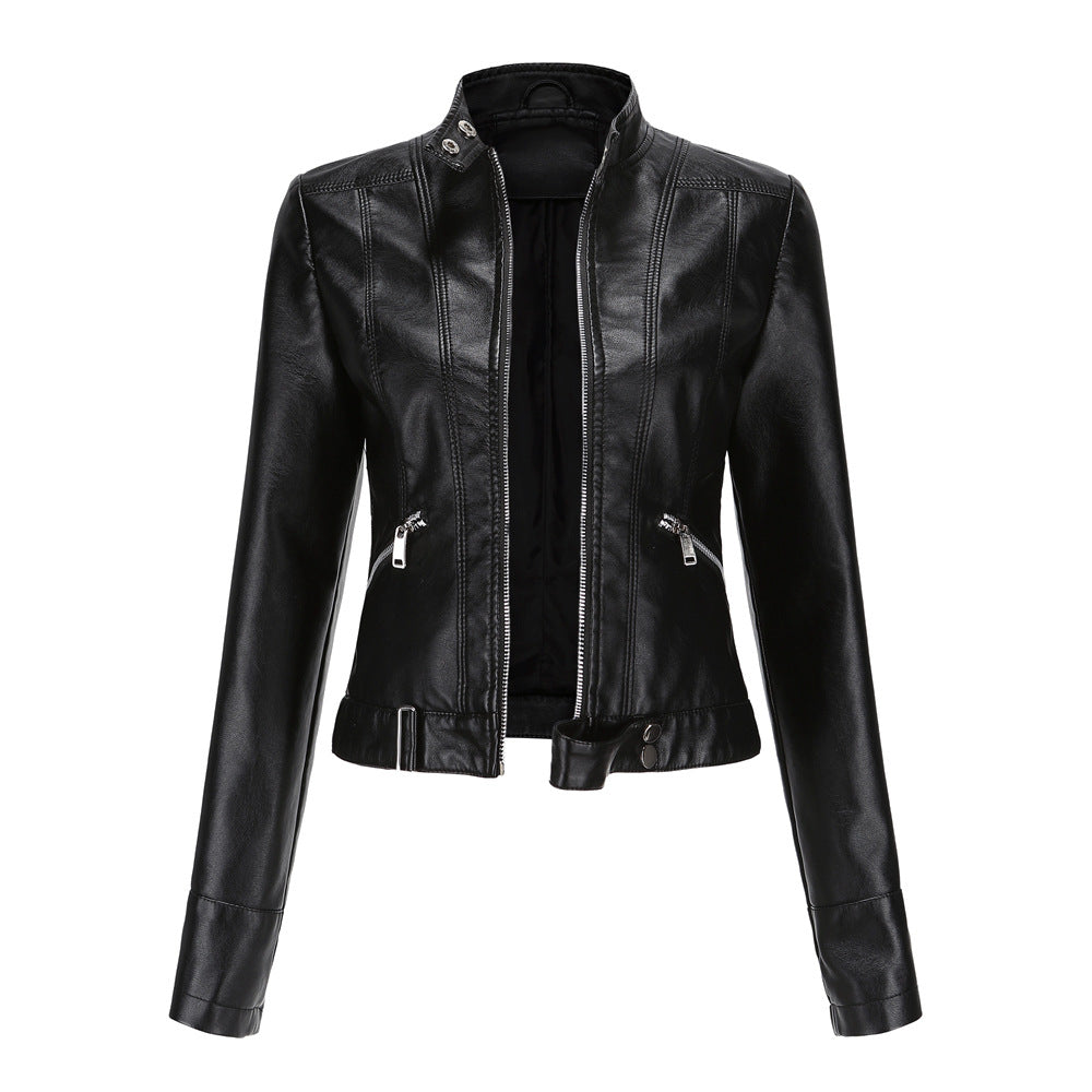 Women's leather jacket with zipper, stand-up collar, and belt