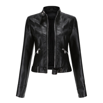 Women's leather jacket with zipper, stand-up collar, and belt