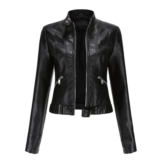 Women's leather jacket with zipper, stand-up collar, and belt