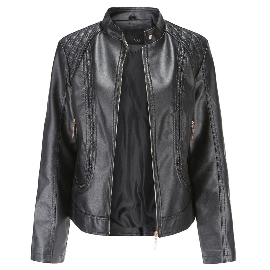 Women's high collar leather jacket