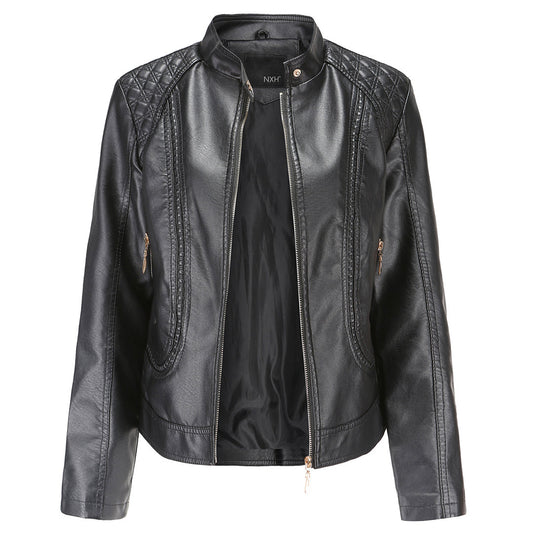 Women's high collar leather jacket