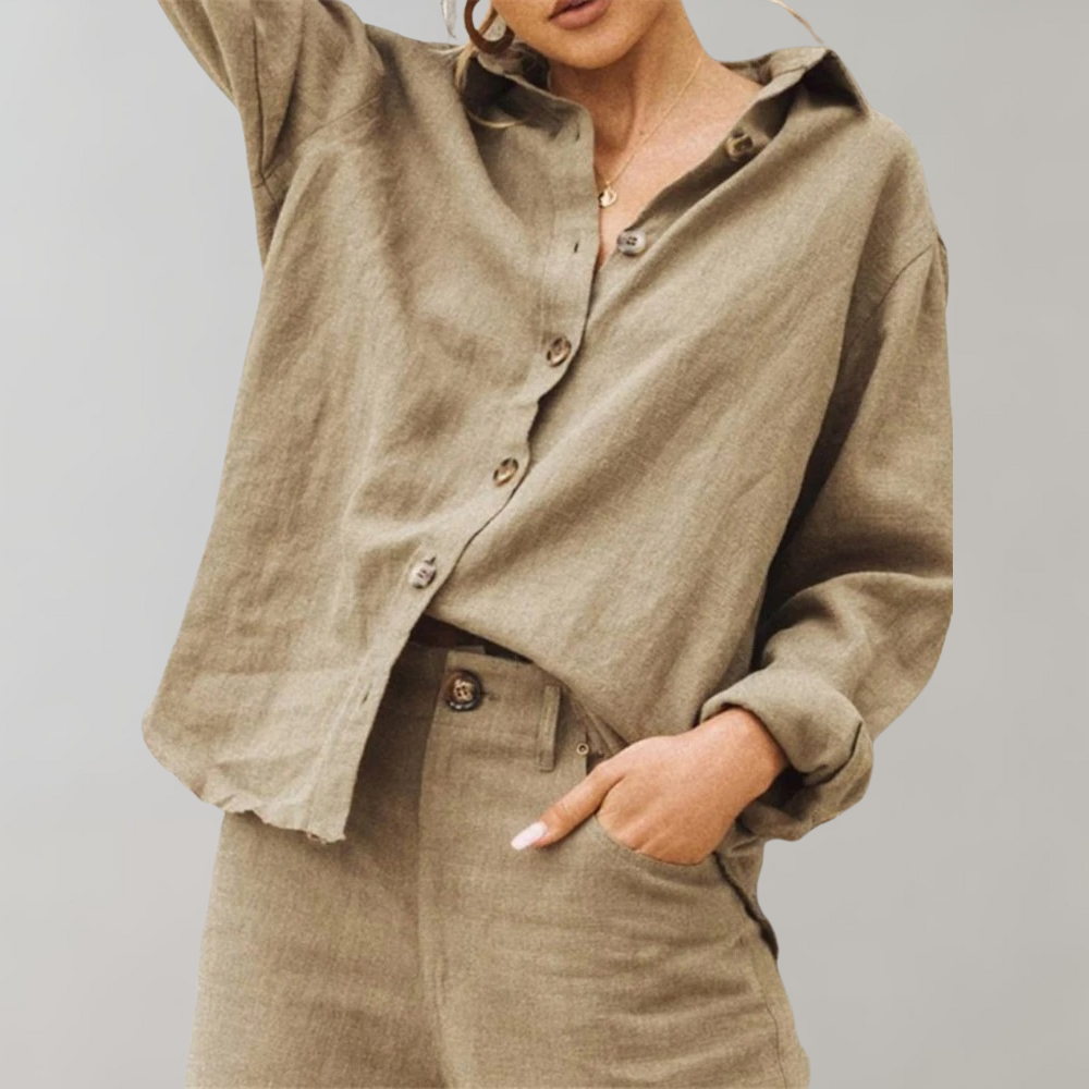Casual Cotton Shirt for Ladies with Loose Fit and Simple Neckline