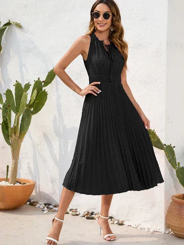 Black Halter Neck Pleated Dress: Carla