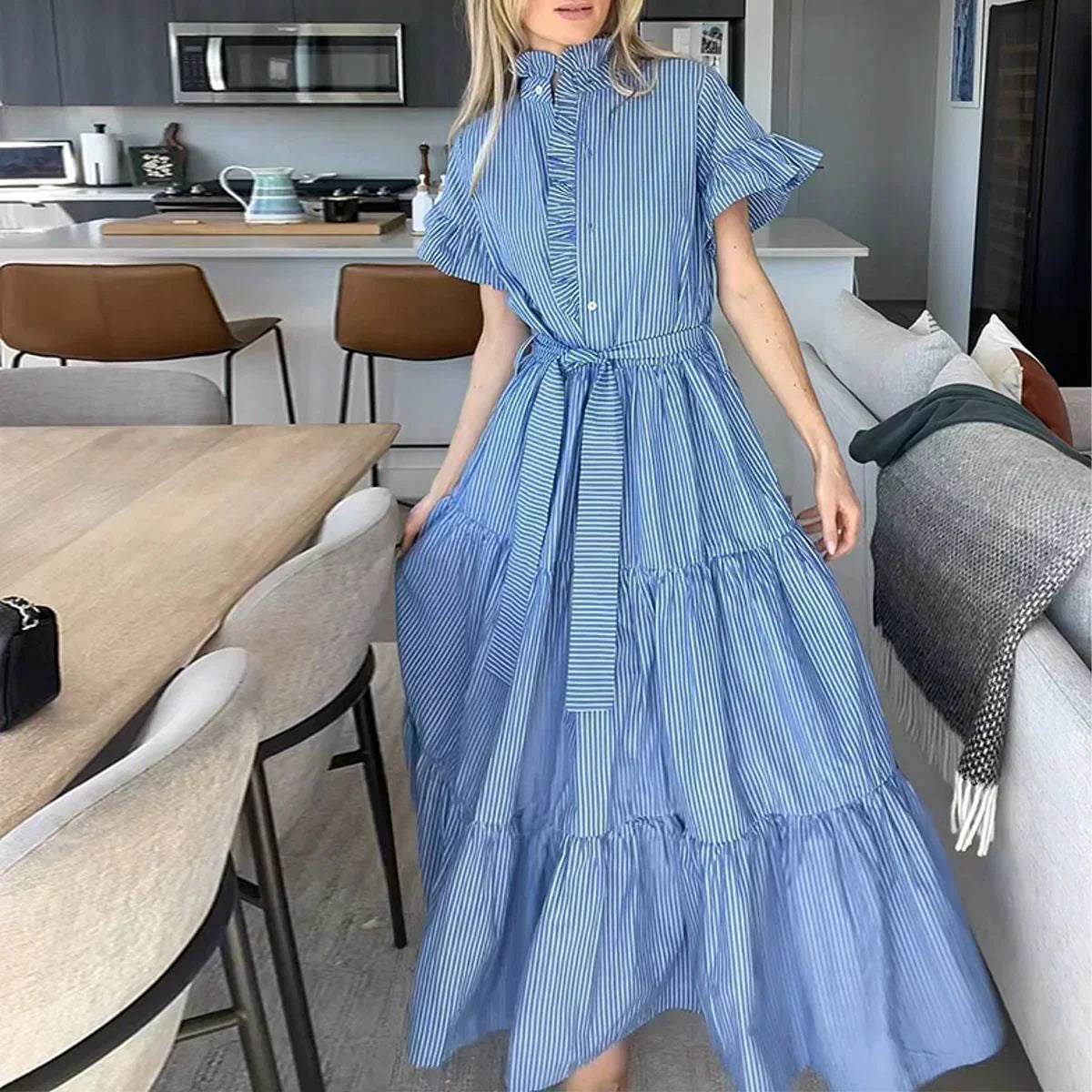 Blue striped maxi dress, short sleeves, Charlotte style
