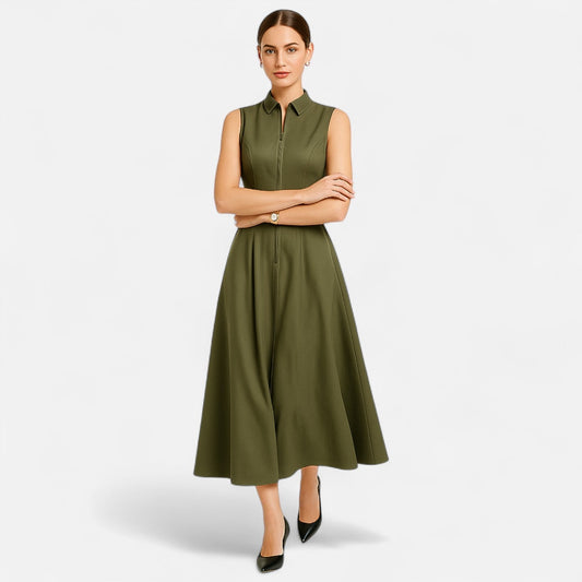 Ancient World | Fitted Pleated Midi Dress for Women – Sleeveless Summer Elegance with Zipper Closure