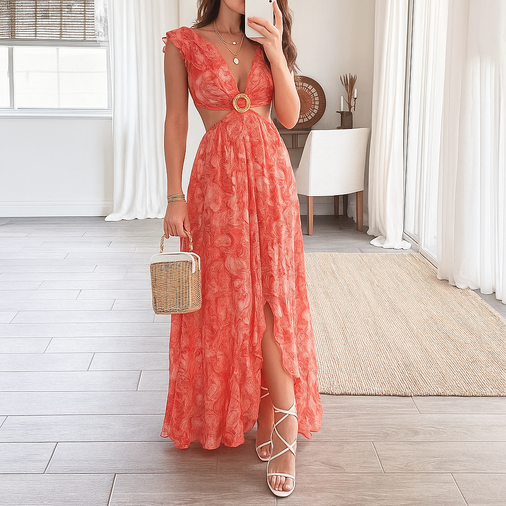 Beautiful Patterned Long V-Neck Dress - Olytrend