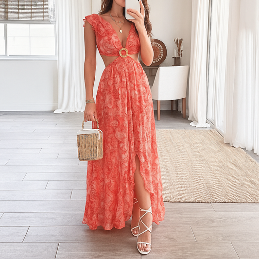 Beautiful Patterned Long V-Neck Dress - Olytrend