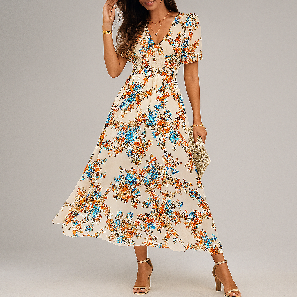 Beautiful Patterned Knee Length Dress - Olytrend