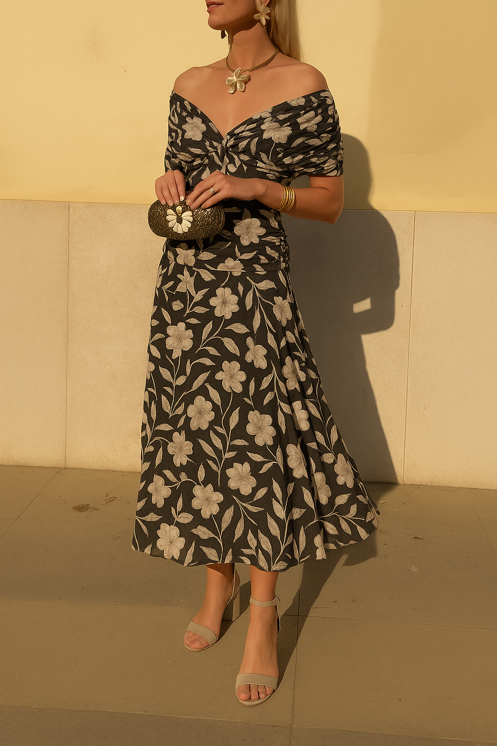 Chic Cold Shoulder Floral Midi Dress - Olytrend