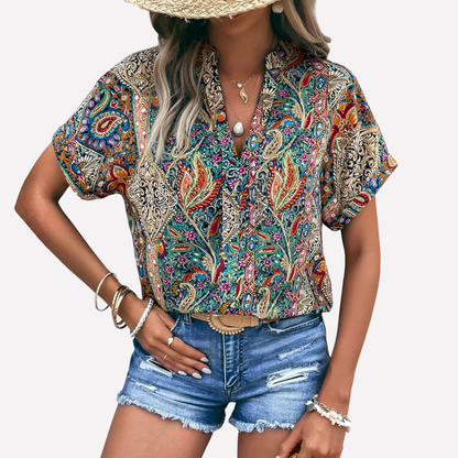 Relaxed Fit V-Neck Floral Print Woman's Blouse