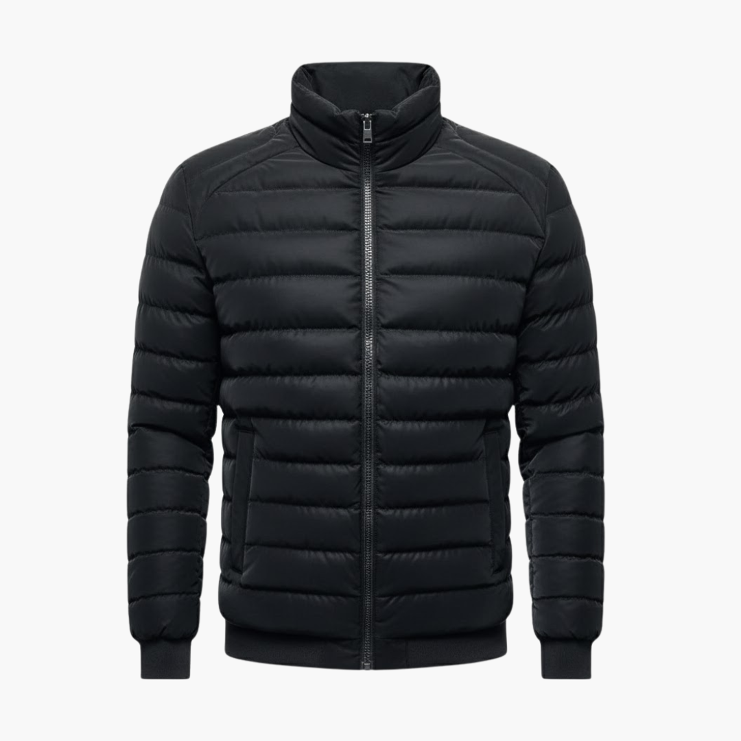 Warm Men's Down Jacket with High Collar and Zip Front - Olytrend