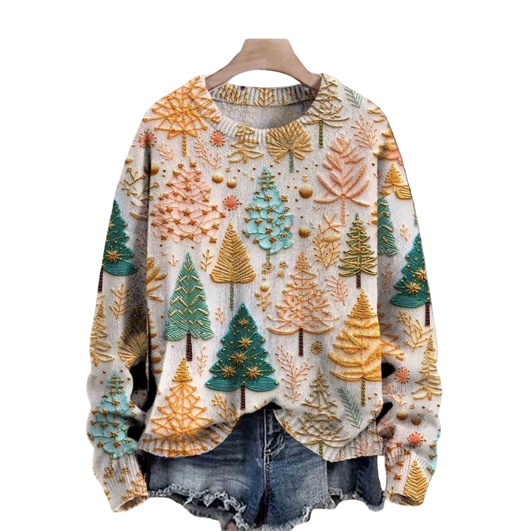 Women's Cozy Crew Neck Tree Print Sweater