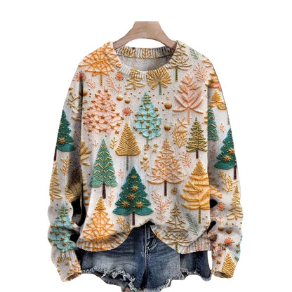 Women's Cozy Crew Neck Tree Print Sweater