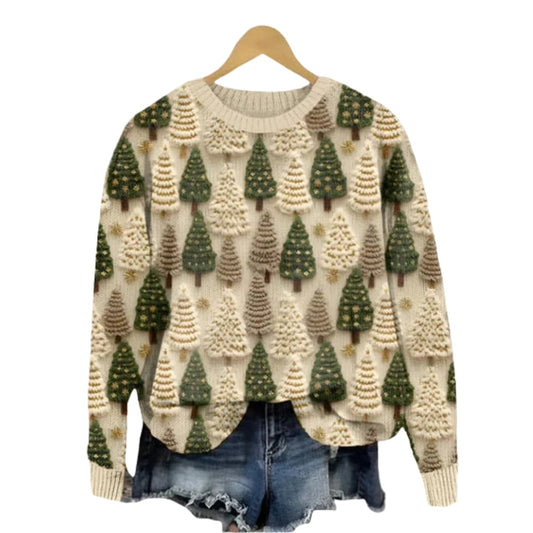 Women's Cozy Crew Neck Tree Print Sweater - Olytrend